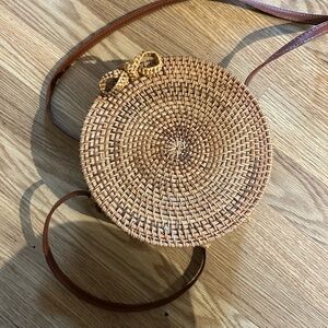 Round Woven Crossbody Bag in Tan with Leather Strap